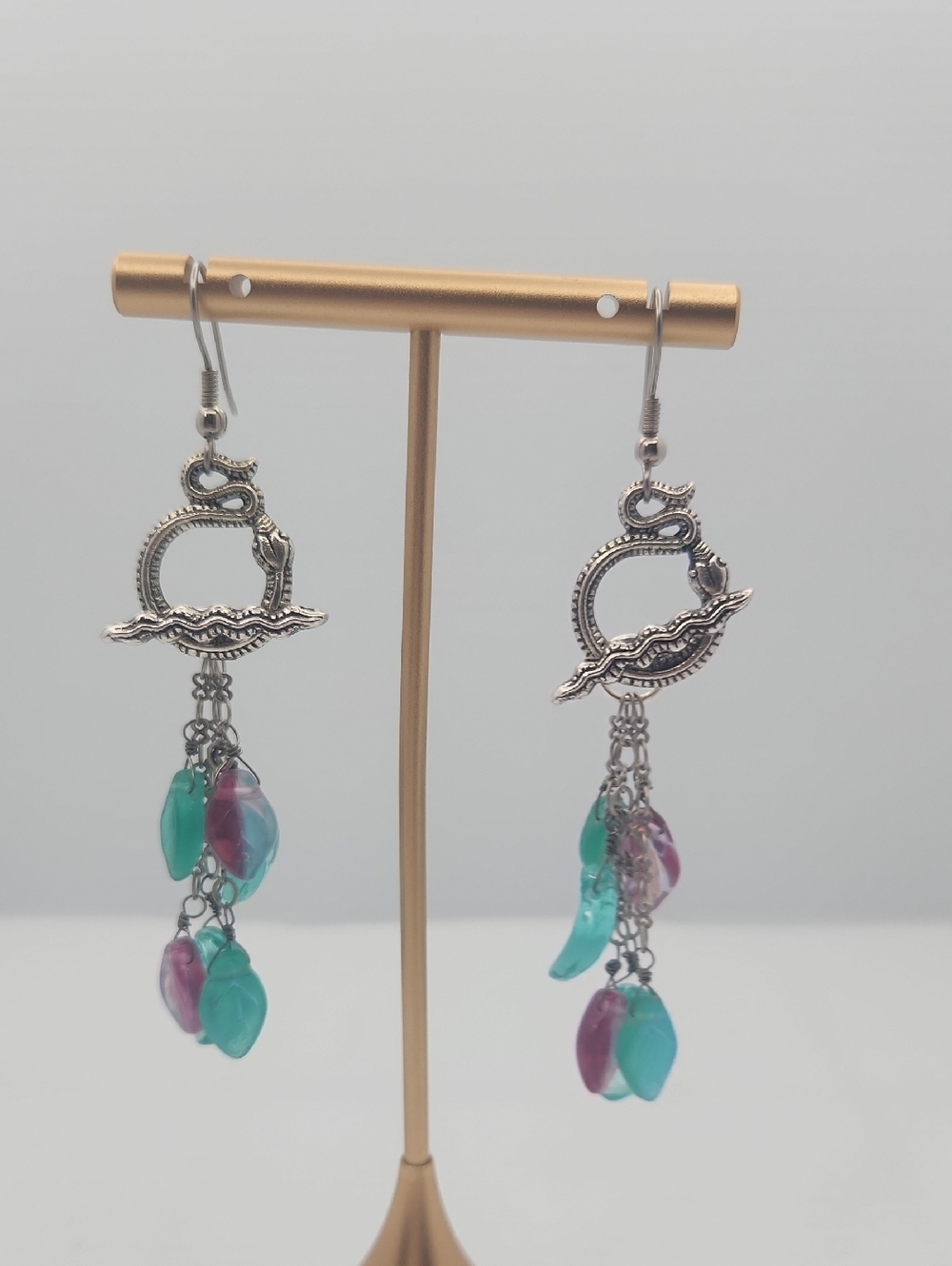 Silver Serpent Snake Dangle Earrings with Glass Leaves Beads Hand Made